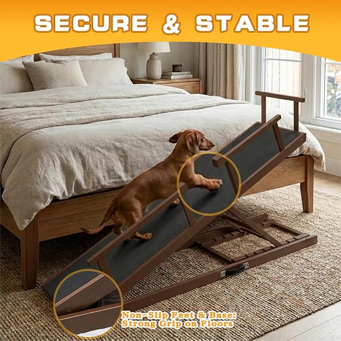 7 Adjustable Dog Ramp for Bed, Couch - 63" Foldable Birchwood Dog Ramp with Safety Rails, Non-Slip EVA Surface & DIY Glow in The Dark Strips, Wooden Pet Ramp for Large Dogs Supports 250Lbs