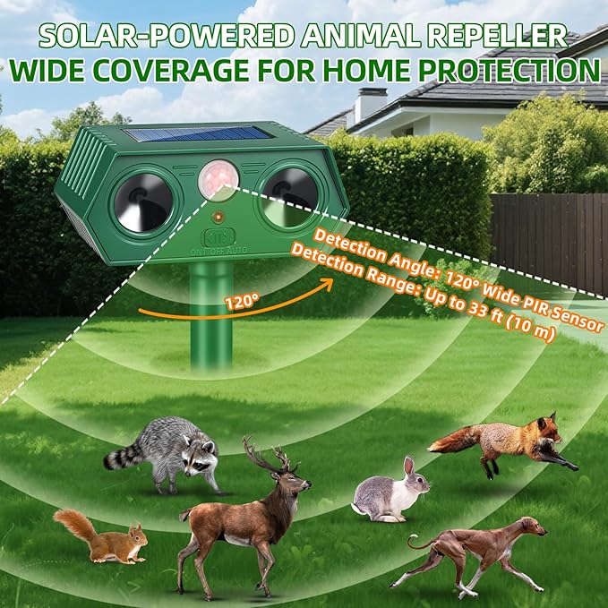 2026 Solar Ultrasonic Animal Repellent Outdoor, IP65 Waterproof Cat Repellent & Deer Repeller Devices, Motion Sensor Racoon Squirrel Fortress Pro Rabbit Skunk Deterrent for Yard Garden (4 Pack)