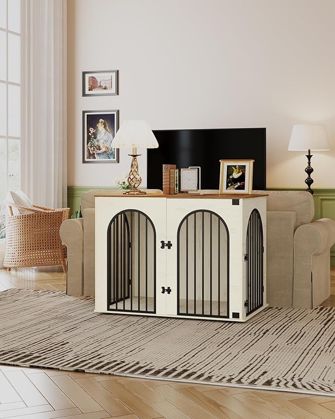 44.1" Wooden Dog Crate Furniture, Indoor Dog Kennel Dogs Cage for Small/Medium/Large Dogs, Heavy Duty Dog Crates Decorative Pet House End Side Table TV Stand, White Brown DFC83914B