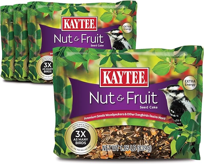 Kaytee Wild Bird Nut & Fruit Seed Cake for Cardinals, Nuthatches, Juncos, Woodpeckers, Grosbeaks and More Songbirds, 1.85 Pounds, Pack of 4
