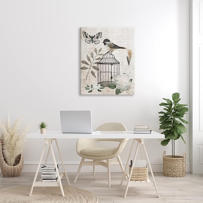 Stupell Industries Botanical Bird Cage Vintage Words Butterfly Motif Canvas Wall Art, Design By Nan