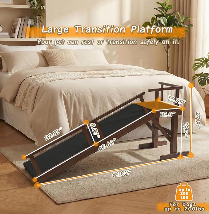 61" Dog Ramp for Bed,Birchwood Pet Ramp with Removable Side Rail and Non-Slip Surface, Pet Ramp for Small & Large Dogs with Rest Platform and DIY Glow Strips,Dog Stairs for Couch, Brown