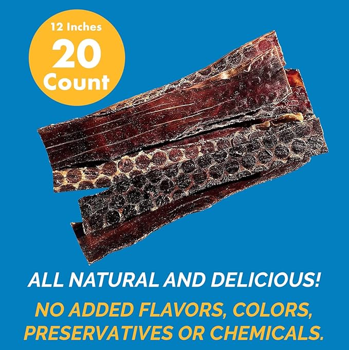 123 Treats Esophagus Dog Treats - (12 Inches - 20 Count) 100% Natural, Flat Gullet Sticks for Dogs, Beef Jerky Dog Treats Strips, NO Preservatives, Hormones, or Antibiotics