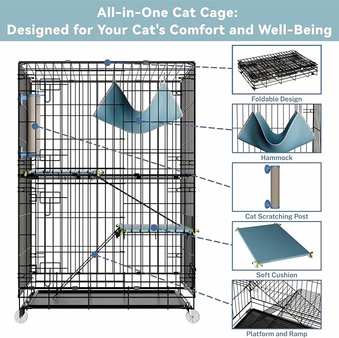 3-Tier Cat Cage Indoor: Medium Cat Enclosure Pet Playpen Detachable Metal Wire Kennel Collapsible Crate with Scratching Post & Plush Pads & Hammock for Cats Kittens