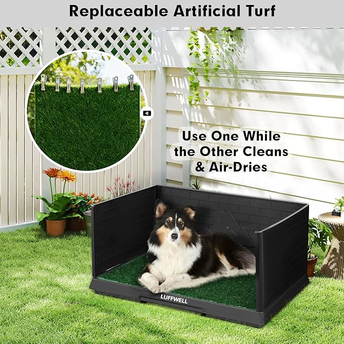 Dog Grass Pad with Tray & Drawer, Indoor Dog Potty Training System, 2 Reusable Turf Pads, 3 High Walls for Splash Protection, Easy-Clean Urine Collection Drawer for Small/Medium Dogs