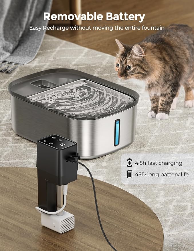 Wireless 7.5l/254oz/2Gal Dog Water Fountain for Large Dogs Stainless Steel, Quiet Pet & Cat Water Fountain with Motion Sensor, Automatic Water Dispenser for Dogs with 6psc Filters
