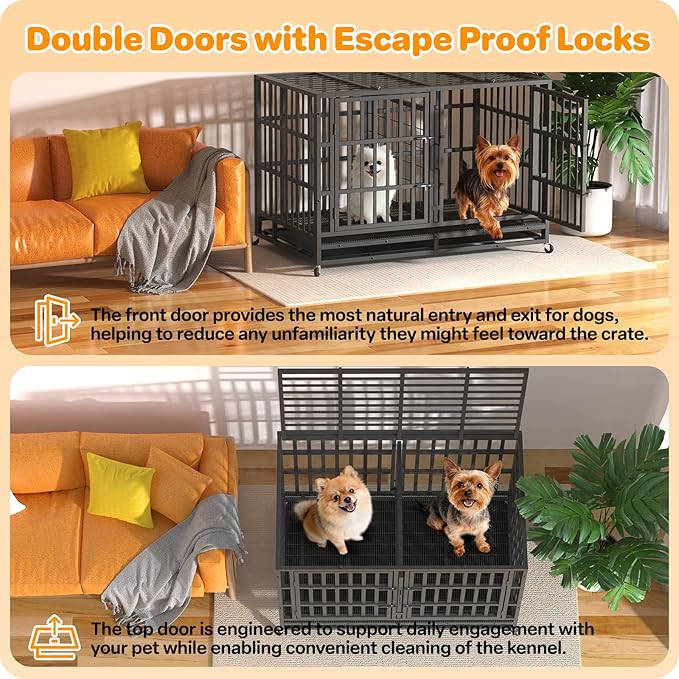 48 Inch Heavy Duty Dog Crate, Indestructible Escape-Proof Dog Kennel for High Anxiety Large Dogs, Strong Metal Pet Cage with Double Doors, Lockable Wheels & Removable Tray, XL XXL XXXL