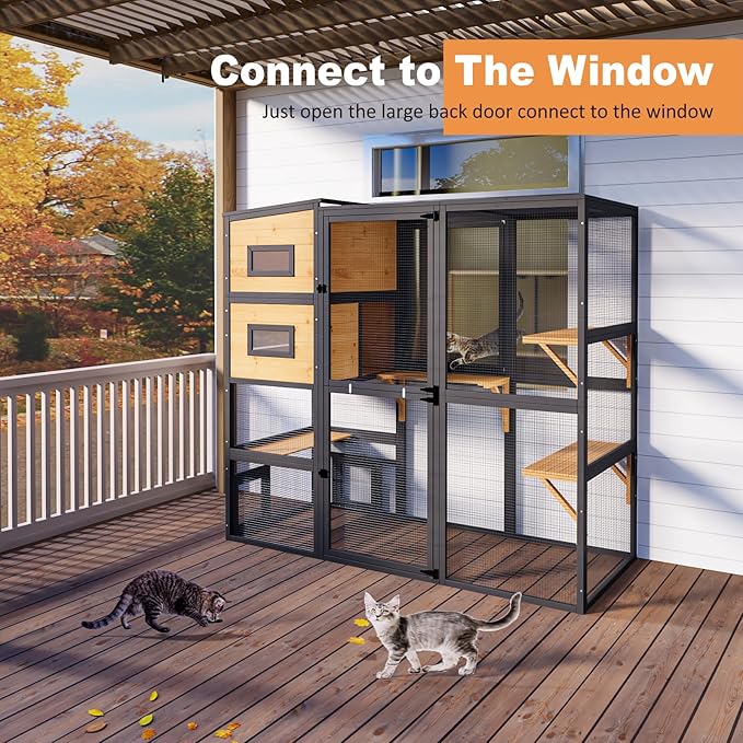 Large Indoor Cat Catio, 4 Tier Outdoor Cat Enclosures House for Cats with Waterroof Roof, 3 Resting Rooms, 3 Platforms, Cats Catio Connect to Window with 2 Large Door, Feral Pet Shelter, Black
