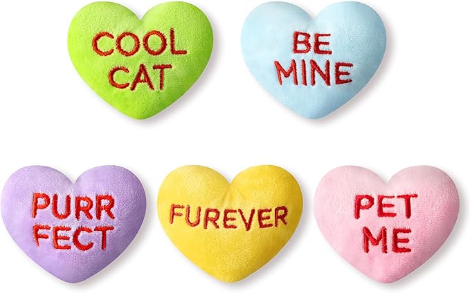 MALLMALL6 5Pcs Valentine’s Day Conversation Heart Candy Catnip Toys for Cat, Catmint Interactive Kitten Teething Chew Kick Toy for Indoor Cats, Soft Pet Sweetheart Gift Supplies