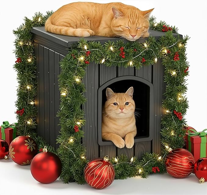 DRATO Outdoor Cat House -Weatherproof Resin Cat Houses for Cats, Durable, Easy Assembly,cat Igloo Outdoor，Durable & Insulated Shelter for Garden, Patio, or Backyard（Black，18.46 * 23.62 * 21.42）