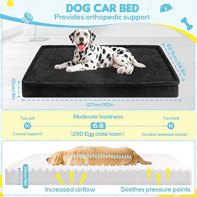 Thickened 4 In Orthopedic Dog Car Bed, Non-Slip Backseat Pet Mat, Removable Washable for SUVs/Sedans/Trucks, Plush Comfort for Large/Senior Dogs, Easy Clean (Black, Medium (50"L×24.6"W×4"H))