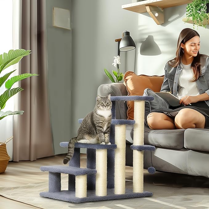 PawHut 4 Levels Cat Steps, Pet Stairs Carpeted Ladder, Kitten Tree Climber with Scratching Posts, Hanging Play Ball, Side Step, for High Bed, Sofa, Gray