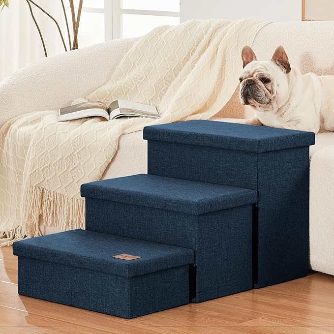 Love's cabin Dog Stairs with Storage, 3 Steps Wider Dog Steps for High Bed 18" H, Foldable Pet Stairs for Small Medium Large Dogs Cats for Bed Couch Car, Ramp with Zip up to 200 lbs, Navy Blue