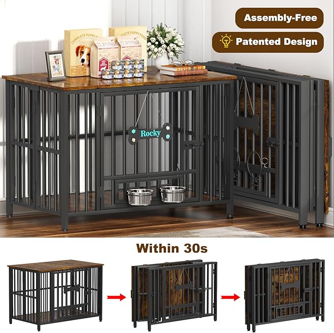Easycom Dog Crate Furniture Foldable, No Assembly Decorative Dog Kennel Indoor, Dog Crates for Large Dogs(35-60 lb), Wooden Dog Cage with Adjustable Bowls and Name Tag, End Table, Rustic Brown