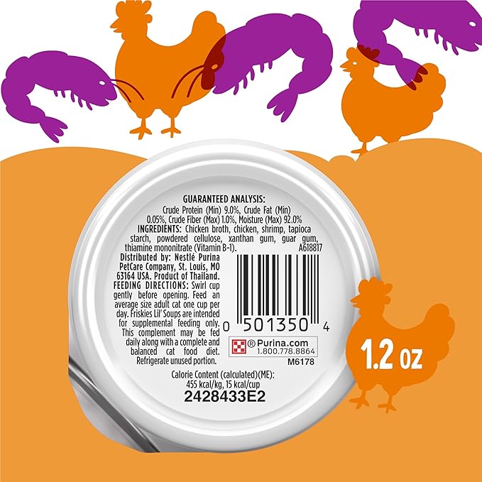 Purina Friskies Grain Free Lickable Cat Food Toppers Lil’ Soups With Shrimp in a Velvety Chicken Broth - (Pack of 8) 1.2 oz. Cups