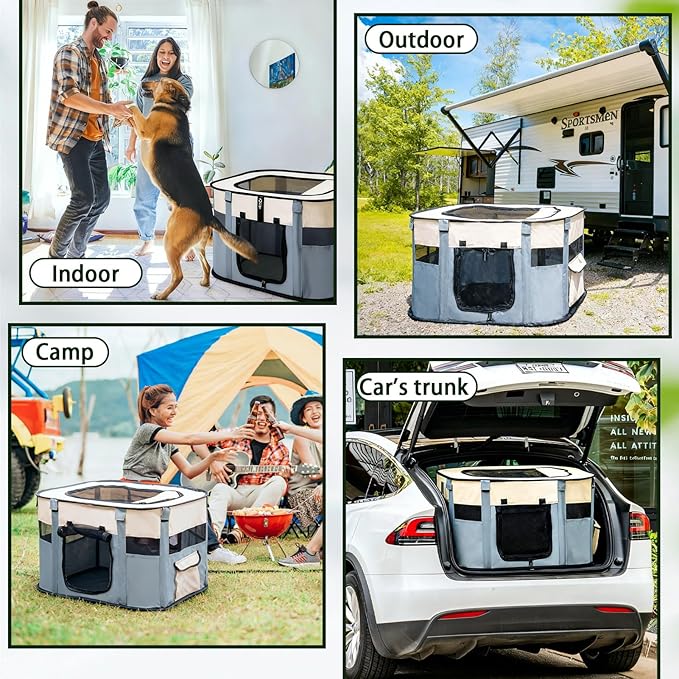 Dog Playpen,Pet Playpen,Foldable Puppy Cat Playpen, Dog Playpen for Indoor Dogs Enclosed, Outdoor Travel Camping Use, Dog Kennel Tent Crate for Rabbit Small Animals with Carrying Case (Grey, L)