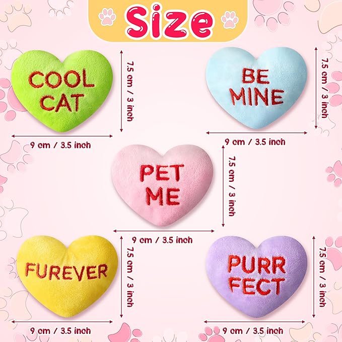 MALLMALL6 5Pcs Valentine’s Day Conversation Heart Candy Catnip Toys for Cat, Catmint Interactive Kitten Teething Chew Kick Toy for Indoor Cats, Soft Pet Sweetheart Gift Supplies