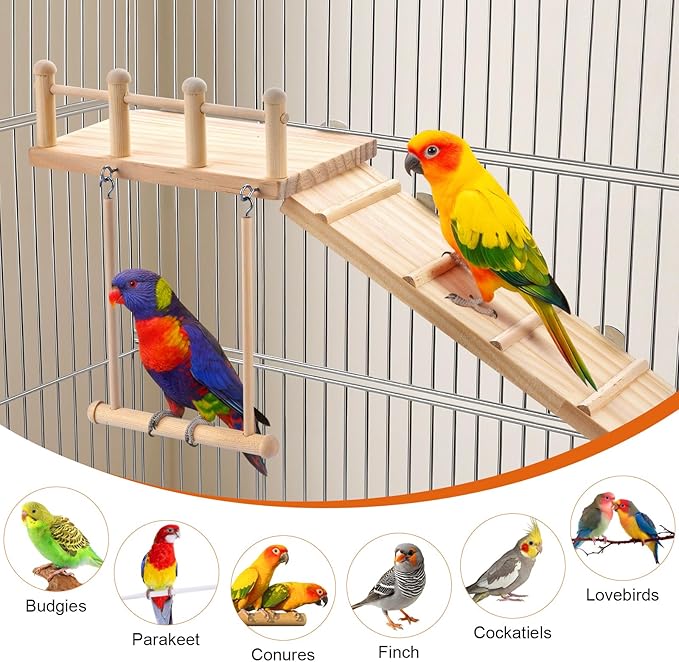 Wooden Bird Habitat Platform with Swing and Ladder - Sturdy Long Tailed Parrot cage Accessory, Suitable for Exercising and Entertaining Bird Games Gym - Perfect for Parrots, Canaries, Sparrows