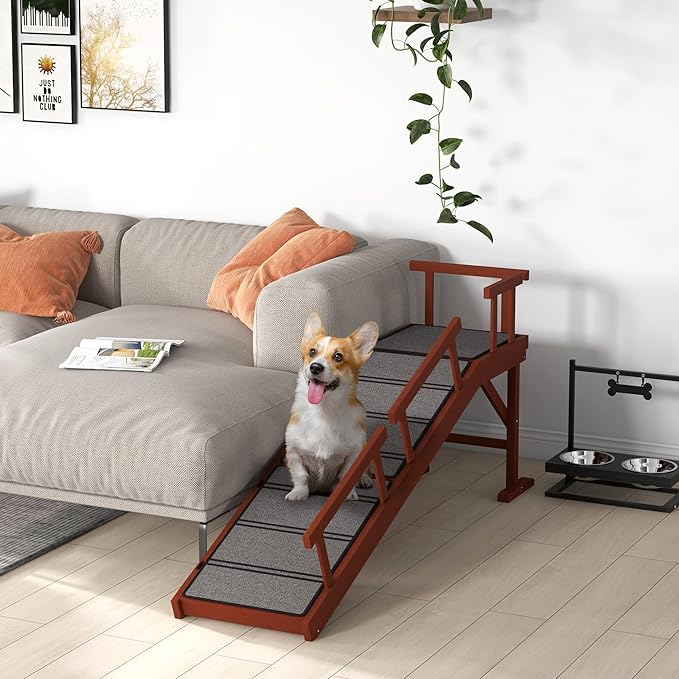 PawHut Dog Ramp, Dog Stairs for Small, Medium & Large Dogs, Pet Ramp for Bed or Couch with Removable Guardrails, Non-Slip Surface, 60" Long, Brown