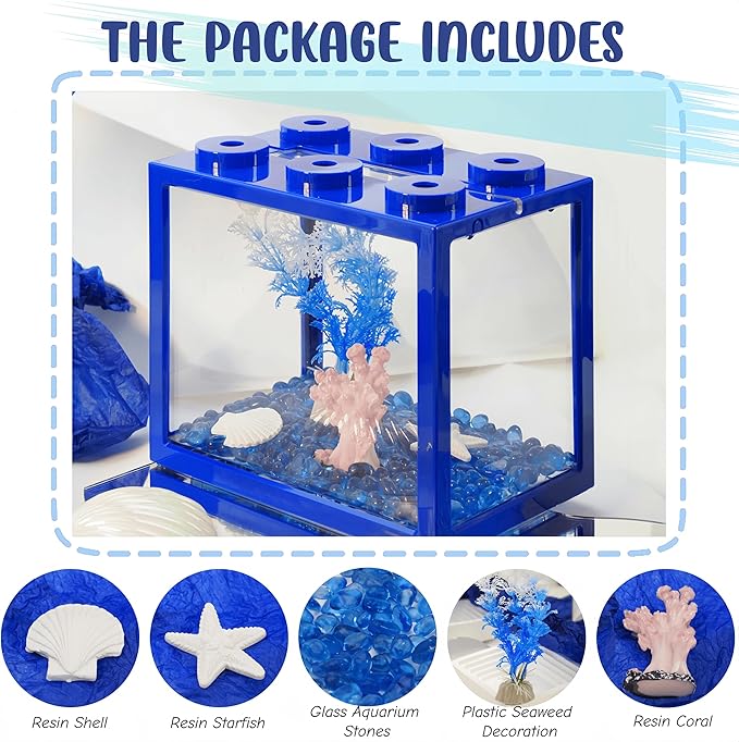 Small Betta Fish Tank, Mini Fish Tank Aquarium Tank Kit with Blue Gravel & Resin Decorations, 0.6 Gallon Stackable Fish Bowl Tiny Desktop Aquarium for Sea Monkey Shrimp (Blue)