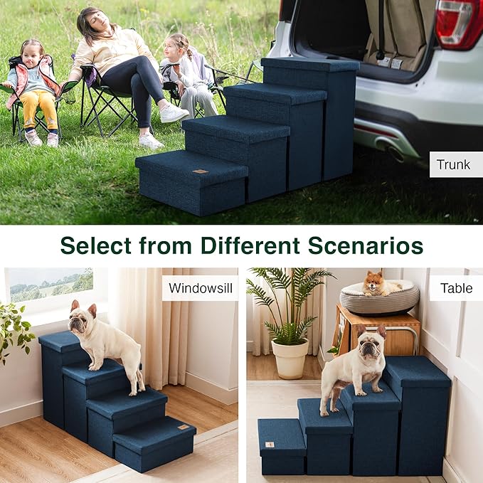 Love's cabin Dog Stairs for Small Medium or Large Dogs with Storage and Adjustable Steps, Foldable Cat Steps for Bed or Couch, 4-Step Folding Ramp with Zip up to 200 lbs, Navy Blue