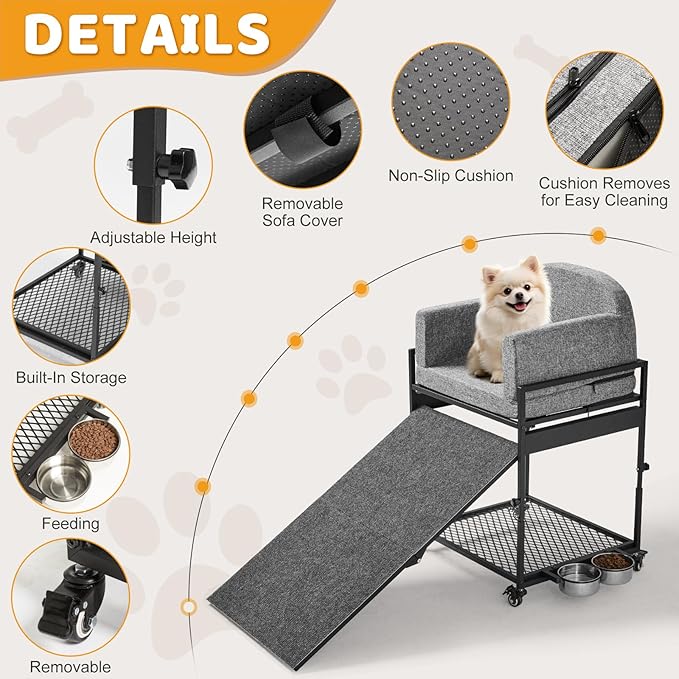 Dog Stairs Ramp, Seatmate Chairs for Dogs, Adjustable Two-Folded Extra Wide Seat Mate Chair Ramps, Non-Slip Dog Window Perch with Stairs for High Bed Window Office, Grey Ladder Perch, Load Capacity