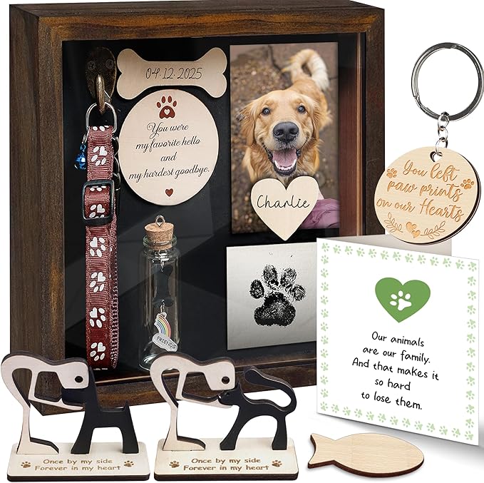 8.6'' Pet Memorial Shadow Box, Rustic Collar Holder Picture Frame, Paw Print Kit, Dog Wooden Sculpture, Pet Hair Fur Jar, Cat Memorial Keychain, Dogs Sympathy Card, Gift for Pet Lovers PSD-4R