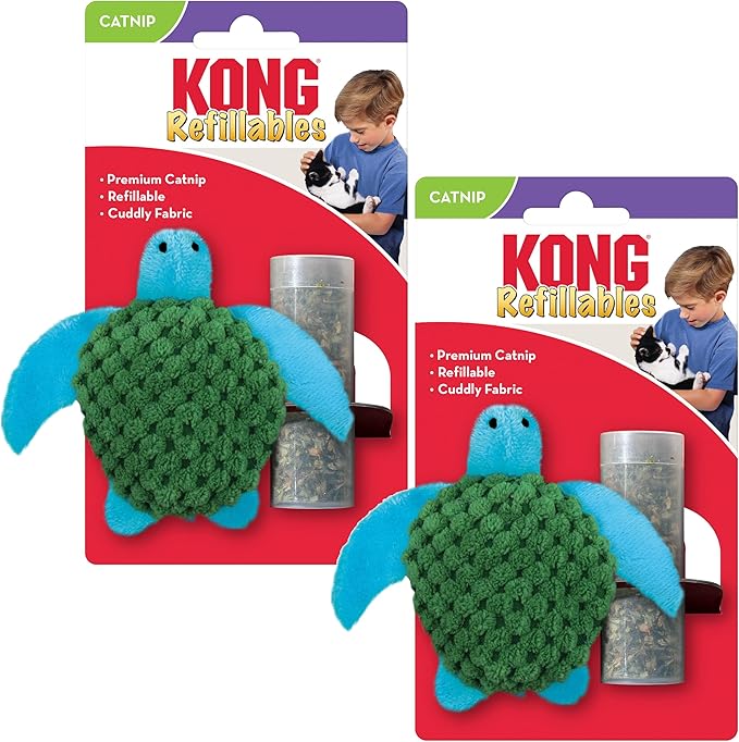 KONG Refillables Catnip Toys, Assorted 2-Pack – Plush Cat Toys with Refillable Catnip Pouch & Premium North American Catnip (Turtle 2 Pack)