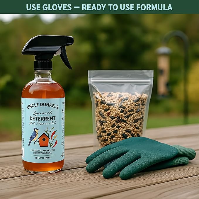 Spicy Hot Pepper Squirrel Deterrent (16 fl Oz) – All-Natural, Food-Grade Hot Pepper Bird Seed Coating, Repels Squirrels, Safe for Birds, Made in USA