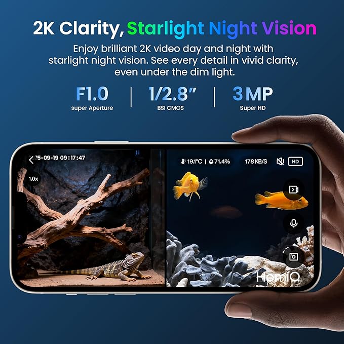 3MP 2K Aquarium & Terrarium Pet Camera.Install &Close-Focus Lens for Fish,Lizard, Reptile Pet and Window Bird Feeder,2.4GHz & 5GHz WiFi,Auto-Focus,24/7 Recording,2 Pack