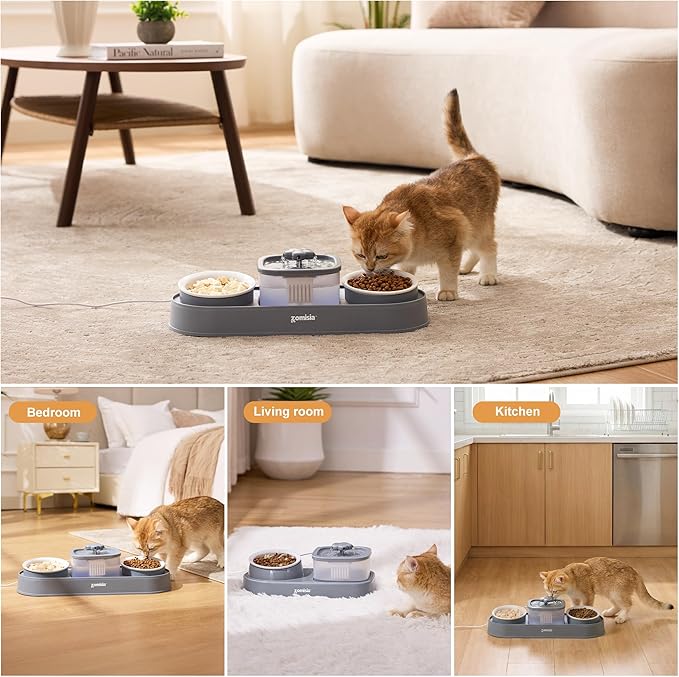 Cat Water Fountain and 2 Ceramic Food Bowls - 2 in 1 Ultra Quiet Automatic Pet Food and Water Bowl Set for Two Cats, Small Dogs, Gray (No Adapter)