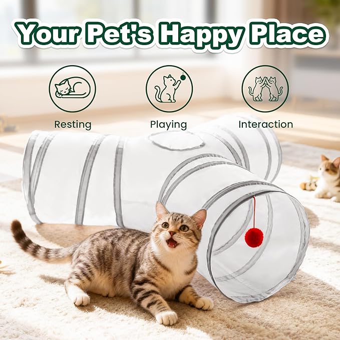 Love’s Cabin Cat Tunnel for Indoor Cats, 3-Way Collapsible Play Tunnel with Teaser Wand, Peek Holes & Toy Ball, Small Pet Toy for Kittens & Rabbits, White & Light Grey, Small Size