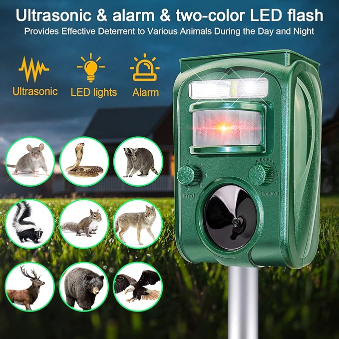 Ultrasonic Solar Animal Repeller - Cat Repellent Outdoor Motion Activated with LED Flashing Light Waterproof Squirrel Raccoon Skunk Fox Deer Repellent Device for Lawn and Garden