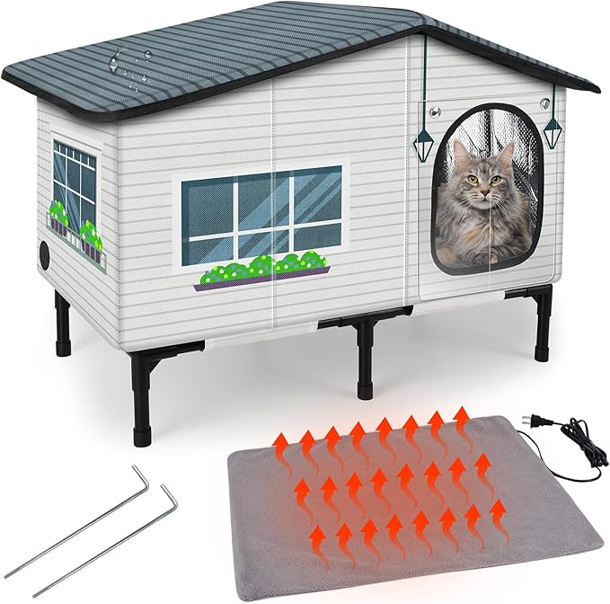 GASUR Weatherproof Heated Cat House for Outside Cats, Outdoor Cat House with Cats Heated Pad for Winter, Insulated Heating Cat Houses, Elevated Safe Feral Cat Houses Heat Cat Shelter (20"x17"x16")