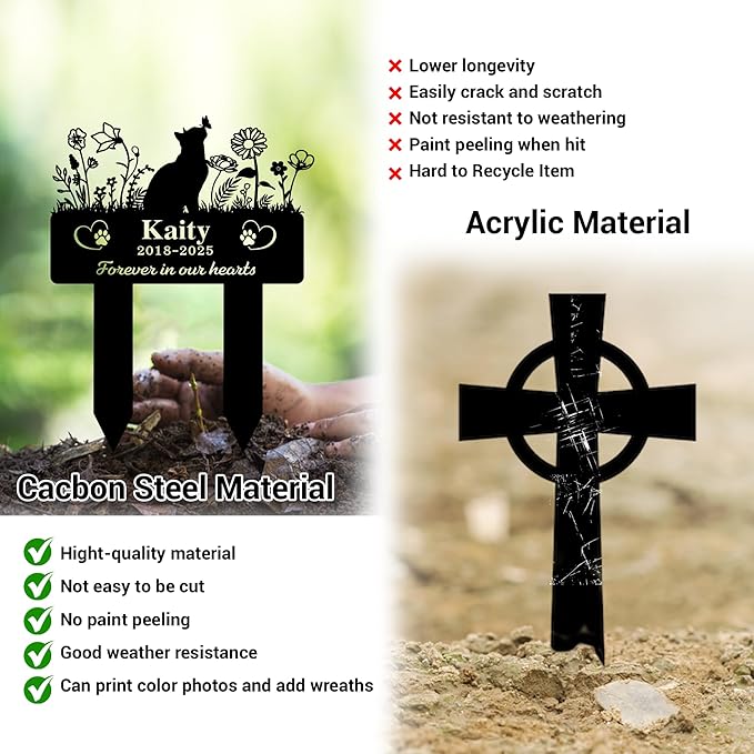 Custom Cat Grave Marker Outdoor | Personalized Pet Memorial Stone with Engraved Name & Lifespan Dates | Perfect Garden or Yard Tribute for Pet Loss | Durable Weatherproof Metal Material