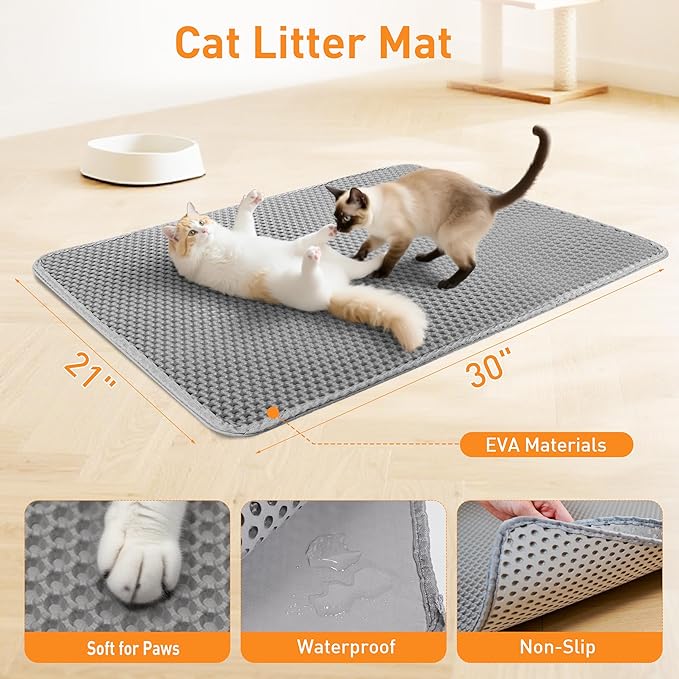 Cat Litter Mat for Litter Box, 30"×21" Large Double Layer Trapping Mat, Easy-Clean Scatter Non-Slip Water Proof Kitty Litter Pad, Grey
