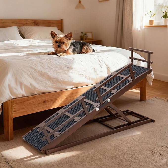 COSIEST Dog ramp for Bed, Wooden Pet Ramp Folding Portable for Couch and Bed, 64.5 Inch Long and Height Adjustable Dog ramp with Anti-Slip Grip & Safety Rails, Up to 200lbs, Brown