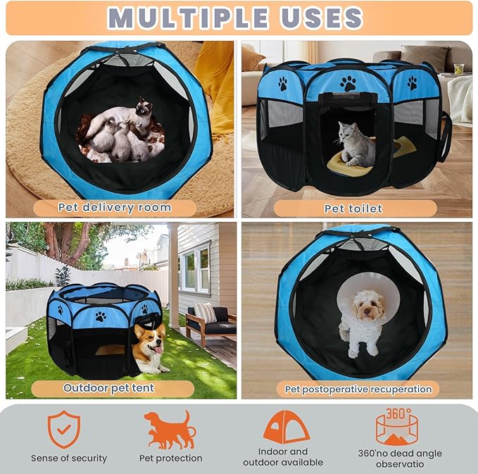 Dog Playpen,Puppy Pet Cat Playpen Indoor for Small Dogs Tent Crates Cage Indoor/Outdoor, Portable Pop Up Dog Kennel Playpen with for Dogs/Cats/Rabbits, Removable Zipper Top(Small Size, Blue)