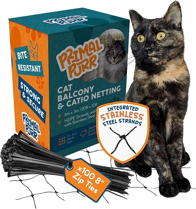 Steel Reinforced Cat Netting for Balcony - 10ft x 20ft - Cat Net for Catio – Safety Netting for Pets - Animal Proof Screen - Strong Pet Net – Kitten Balcony Protection - Barrier for Animals Fence