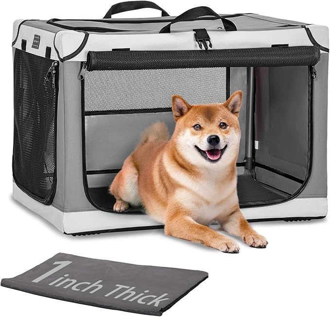 PETSFIT Portable Dog Crate for Medium Dogs, – 30" Soft Dog Travel Crates with Lockable Zippers & Thicken Mat, Adjustable Patented Spiral Steel Frame, Collapsible Kennel for Indoor & Outdoor