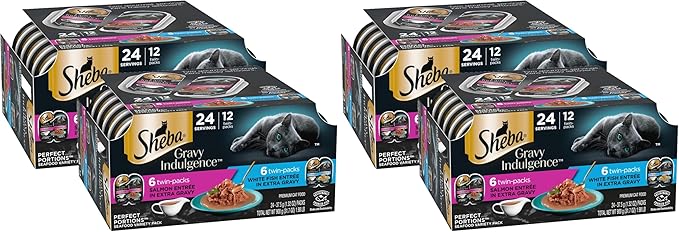 Sheba Gravy Indulgence Adult Wet Cat Food Salmon Entree in Extra Gravy and White Fish Entree Variety Pack,2.6 oz. -Pack Trays,(,24 Servings),12 Count (Pack of 4)
