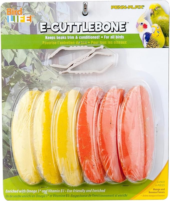 Penn-Plax Bird-Life E-Cuttlebone Flavored, 1 Pk (6 Counts) - Mango & Banana - Durable, Less Brittle Cuttlebones Enriched with Omega 3 and Vitamin B1 - 2 Cage Clips -For All Bird Sizes -Orange & Yellow