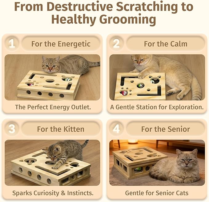 Cat Nail File Enrichment Box, Cat Scratch Puzzle Box with Replaceable Filing Pad, Stress-Free Grooming Toy for Indoor Cats