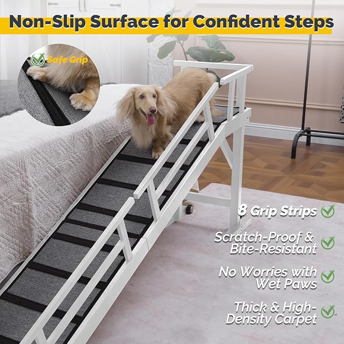 Dog Ramp for Bed or Couch, Wooden Pet Ramp with 20° Gentle Slope, Removable Side Rails, Non-Slip Surface, Top Platform & Wheels, Safe Bed Ramp for Small, Large & Senior Dogs, 74" Long, White