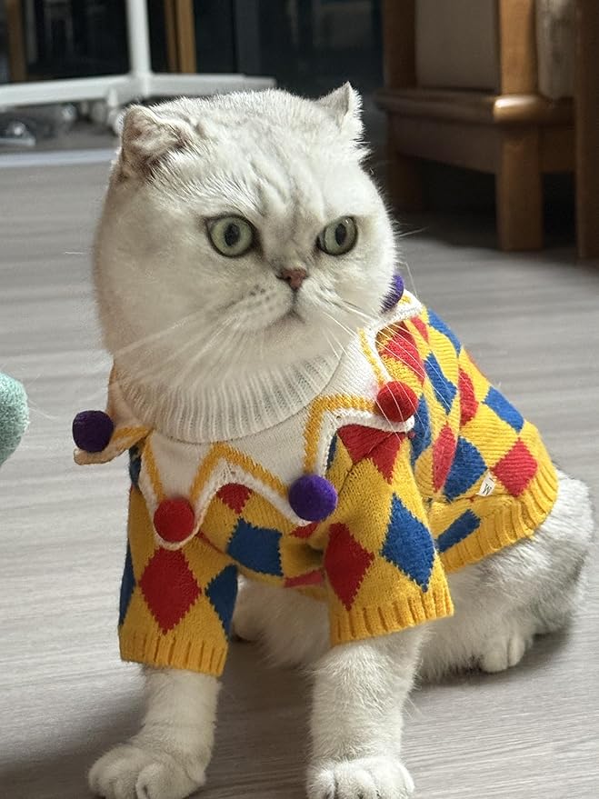 Cat Christmas Sweater Dog Circus Clown Jester Costume with Joker Hat for Small Dogs Cats Cosplay Apparel Kitten Clothes