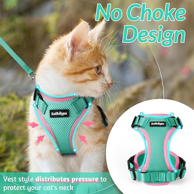 rabbitgoo Cat Harness and Leash for Walking, Escape Proof Soft Adjustable Vest Harnesses for Cats, Easy Control Breathable Reflective Strips Jacket, Green&Pink, XS