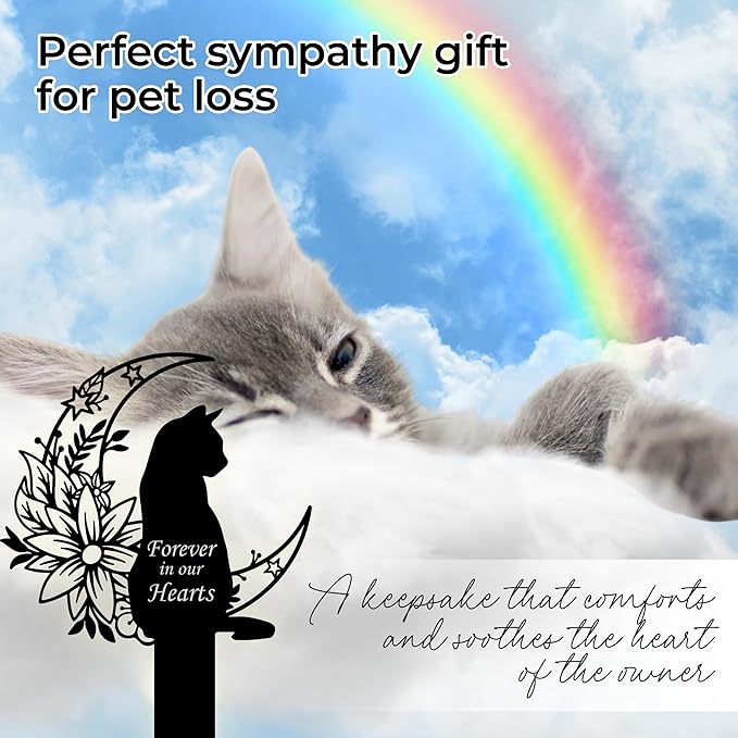 Cat Grave Marker Outdoor Memorial – 12in Metal Pet Memorial Plaque with Garden Moon Cat, Weatherproof Headstone for Yard or Indoor Tribute, Sympathy Gift for Loss of Pet