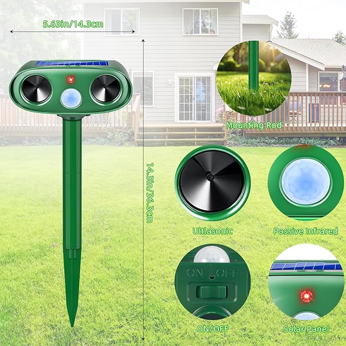 2026 Ultrasonic Solar Animal Repellent Outdoor Motion Activated Cat Repellent Outdoor Waterproof for Yard & Garden, Effective Rabbit Deer Raccoon Squirrel Coyote Deterrent Device 4 Pack