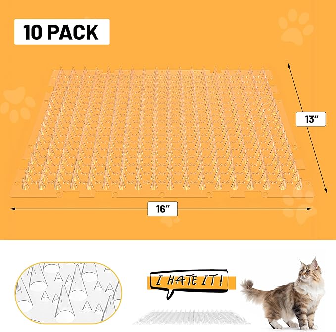 Scat Mat for Cats 16 x 13 Inch, 10 Pack Cat Deterrent Mat Outdoor Indoor, Cat Spikes with 50 Stickers
