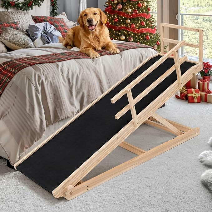 SLSY Dog Ramp for High Bed Couch, Folding Adjustable Pet Ramp with Non-Slip Rubber Mat, 62.9" Long, 5 Adjustable Heights 15.7''–31.4", Portable Step Supports Pets up to 250 lbs for Large Pet(Natural)